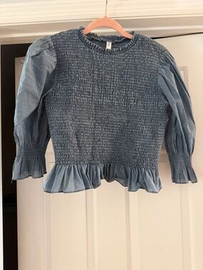 Zara Light Blue Smocked Ruffle Peasant Top
